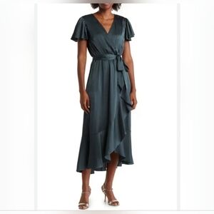 Nicole Miller Green Midi Wrap Dress with Flutter Sleeves
